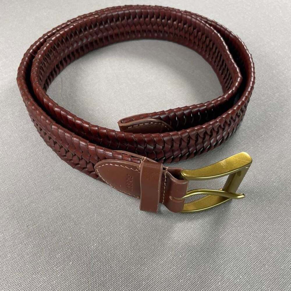 Fossil Rhett Woven Braided Brown Leather Belt with Brass-Tone Buckle 42